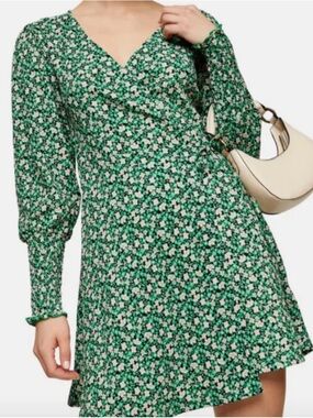Topshop Green Floral Mini Wrap Dress
